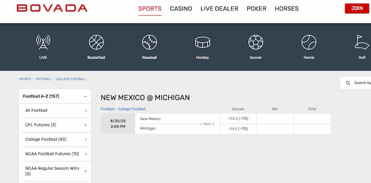 A view of Bovada odds, part of the top New Mexico sportsbooks.